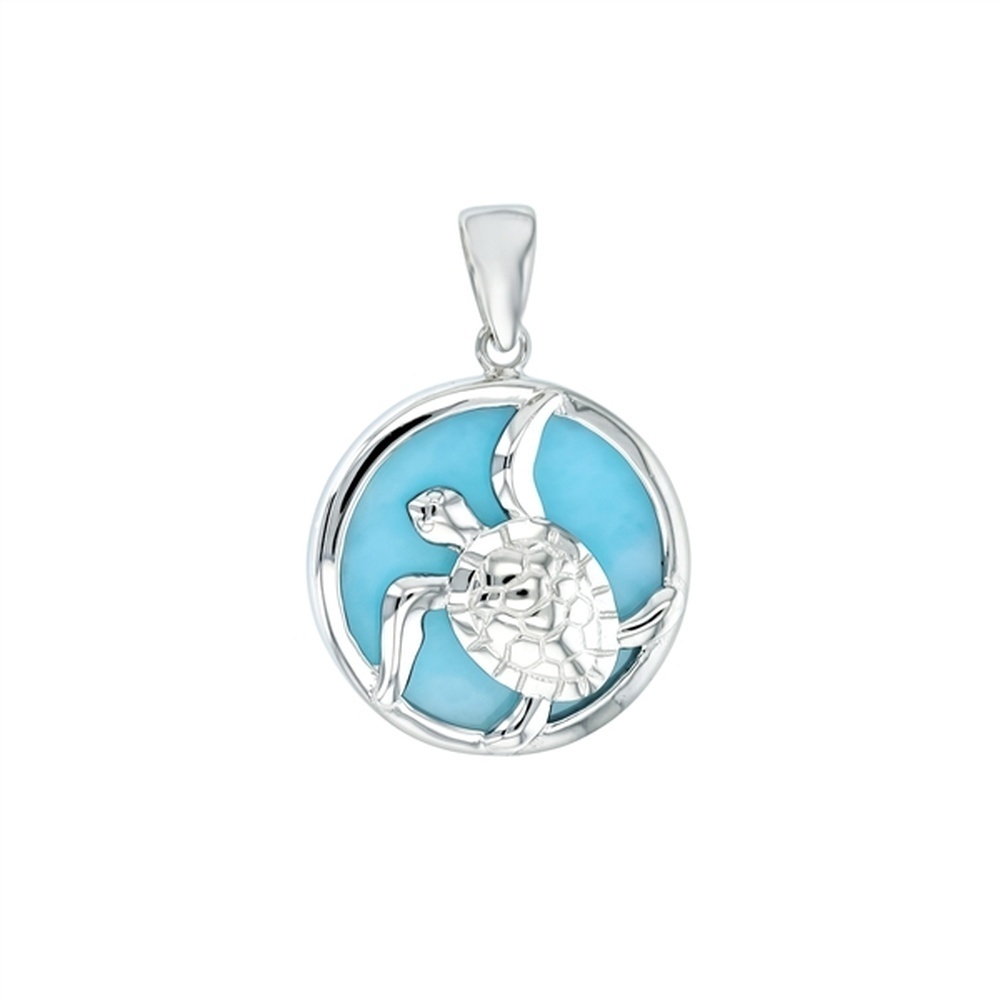 925 Sterling  Silver Larimar Turtle in Circle Pendant  4.04 gm